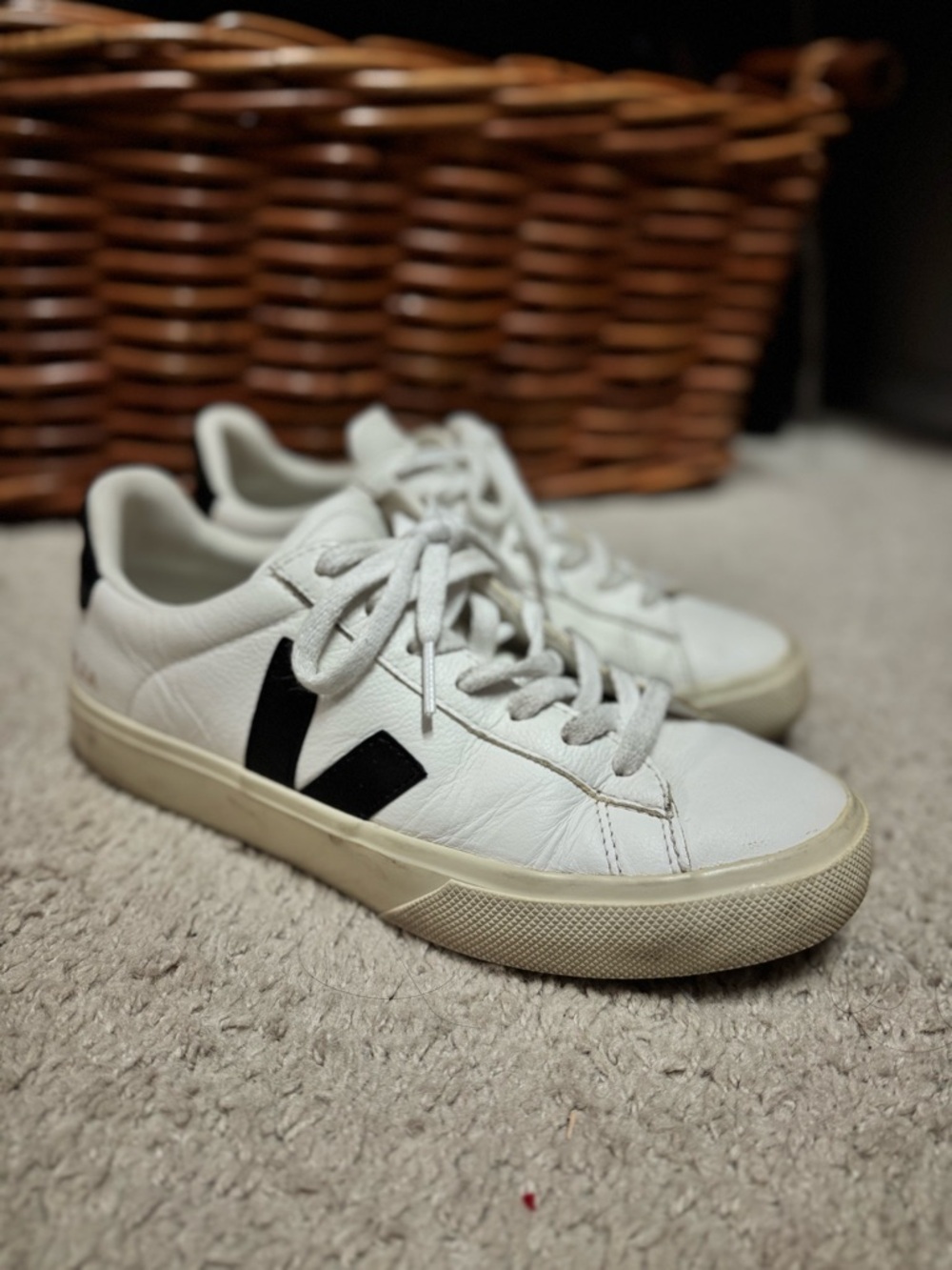 Veja Campo Leather Sneaker in White with Black V - Picture 8 of 10